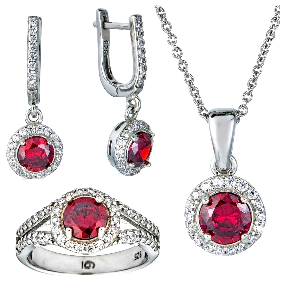 Stamped 925 Silver Red Ruby & Diamond Ring 7, Pendant Necklace & Earring Set